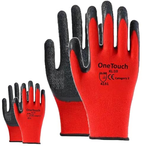 A406 24 Pairs Red Work Gloves Latex coated Crinkled finish Safety Gloves Non Slip Gloves Rubber Gloves for Builder construction gardening Heavy Duty for Construction, Warehouse (Medium-8)