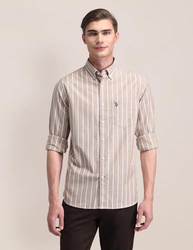 Image of U.S. Polo ASSN. Men's Brown Striped Cutaway Collared Neck Full Sleeve Formal Cotton Regular Fit Shirt