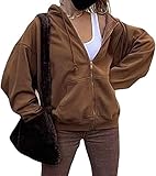 Women's Casual Full Zip Up Hoodie Long Sleeve Hooded Sweatshirt Comfy Loose Solid Color Jacket with Pockets (F-Brown,Large)