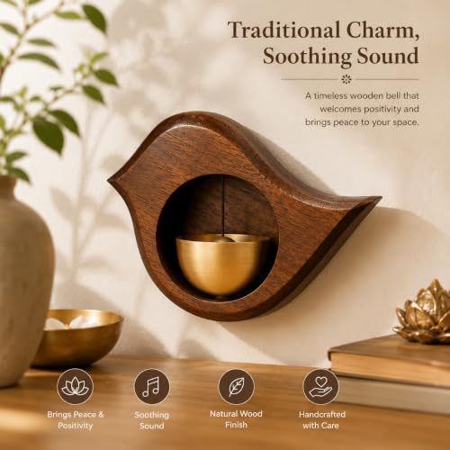 Image of Wooden Door Bell with Brass Bowl | Magnetic Door Chime Bell | Shopkeepers Doorbell for Door Opening | Decorative Magnetic Chime | Ideal for Home, Shop & Housewarming Gift - Bird Shape
