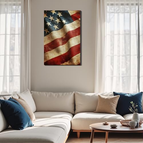 Image of Framed Vintage Distressed American Flag Wall Art, Patriotic Rustic Canvas Art Pictures, USA Flag Wall Decor, Made in USA Ready to Hang for Living Room Garage