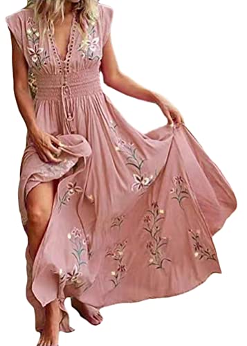 41ftuPHWXHL - shownicer Vestido Mujer Boho Elegante Maxi Vestidos Cuello en V Floral Impresa Vestidos Verano Casual Largos Vestido de Playa A Rosa XL