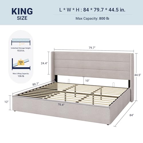 Image of Allewie King Size Lift Up Storage Bed, Modern Wingback Headboard, Hydraulic Support, No Box Spring Needed, Light Beige