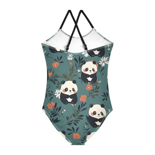 Girls Swimsuit Panda White Pink Flowers Pattern One Piece Swimwear2