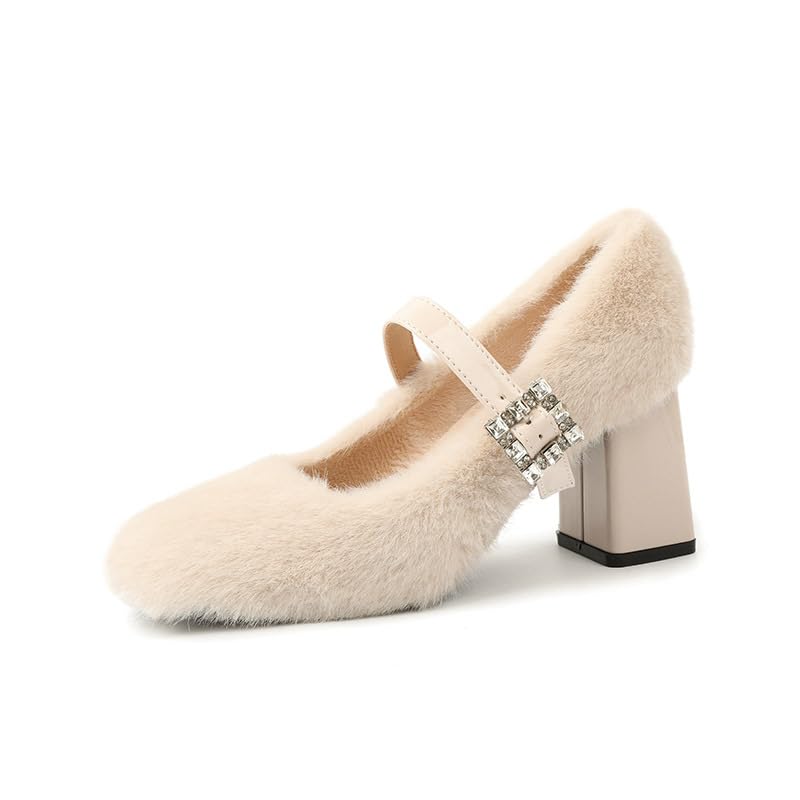 Fuzzy Mary Jane Heels for Women Chunky Heels Square Toe Pumps with Buckle Strap Block Heel Winter Kawaii Heels