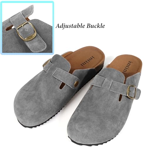 Image of Genuine Suede Clogs Womens Mens Cork Footbed Sandals Potato Shoes | Unisex Suede Leather Mules ,Arch Support,Adjustable Metal Buckle,Cork and Rubber,Wonderful Quality