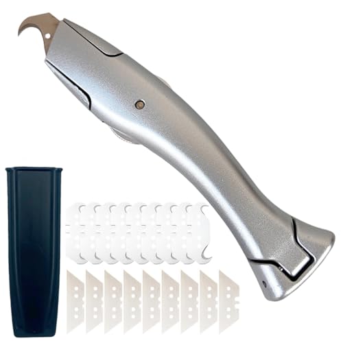 Cuchillo de Corte de Suelo, Cuchillo para Alfombras, Cuters Profesionales de Seguridad con 10 cuchillas trapezoidales y 10 cuchillas de gancho para Cortar Revestimientos de Suelo de PVC