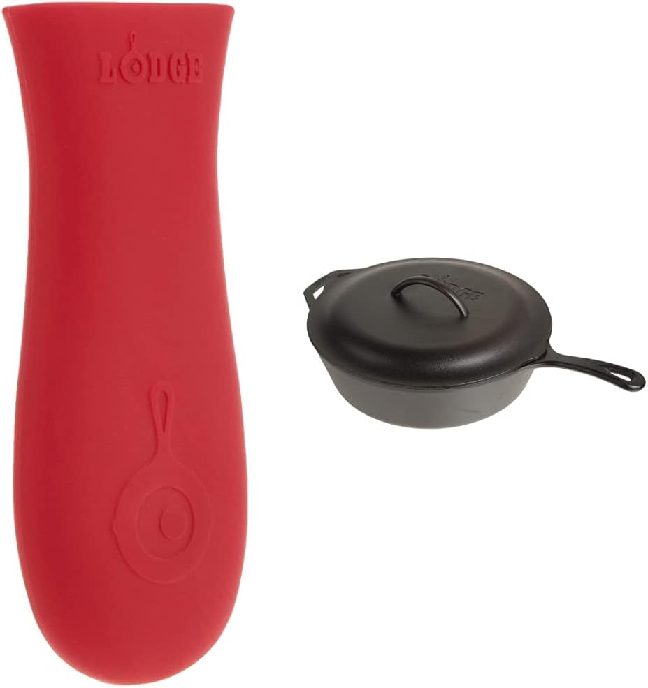 Lodge 5-Quart Pre-Seasoned Cast Iron Deep Skillet and Cover with Red Silicone Hot Handle Holder