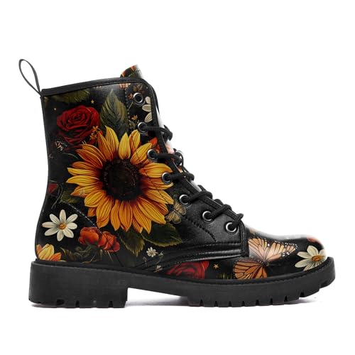 Women's Mid-Calf Combat Boots Leather Lace-Up Booties with Artistic Mushroom and Floral Patterns for Hiking,Daily Wear2