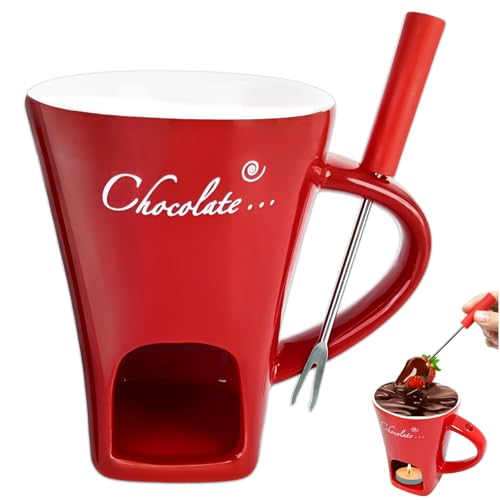 Tasse à Fondue au Chocolat, 200 ml Tasse à Fondue en Céramique avec Fourchette Services à Fondue au Chocolat pour Fromage, Chocolat, Beurre Caramel (À l'exception des bougies)