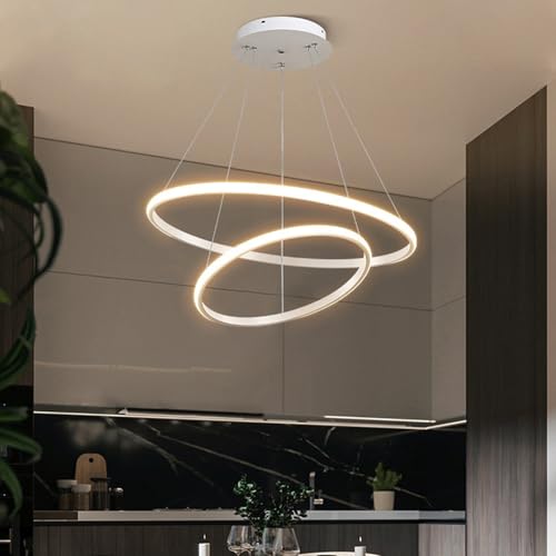 Mengjay Suspension Luminaire Moderne LED pour Table de Salle à Manger, 2 Anneaux Réglable en Hauteur, Plafonnier Lustre pour Salon (Blanc)