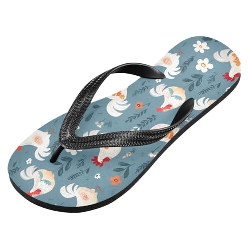 ALAZA Cute White Chicken Rooster Flip Flops for Women Fashion Beach Slippers Comfort Mens Flip Flops Non-Slip Rubber Shower Slippers Sandal for Hotel Travel Sport,XS2