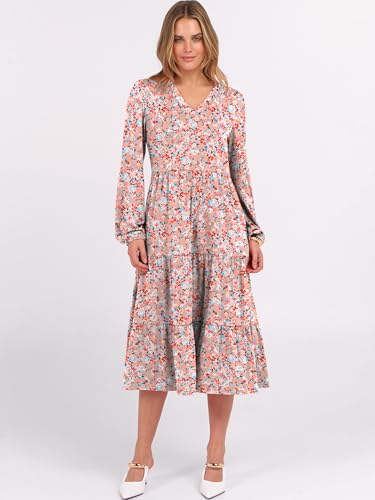 Image of ANRABESS Women's Long Lantern Sleeve Floral Midi Dresses 2026 Fall V Neck Casual Flowy A-line Tiered Boho Vacation Dress