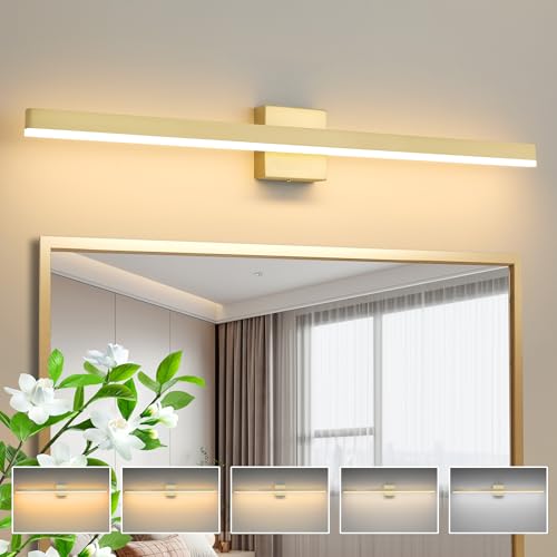 Recopilación de Lámparas para el espejo del cuarto de baño los 5 más buscados. 44 Lámpara de tocador para baño dorada de 39.4 pulgadas, 24W regulable con 5 temperaturas de color LED, luminaria moderna para colocar sobre el espejo - Certificado ETL. (100CM)