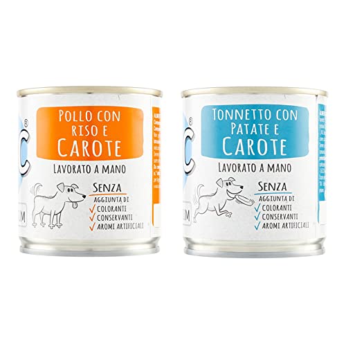 ADoC Dog Cibo Umido per Cani MIX 2 - Pollo con Riso e Carote - Tonnetto con Patate e Carote - 16 Lattine da 285gr