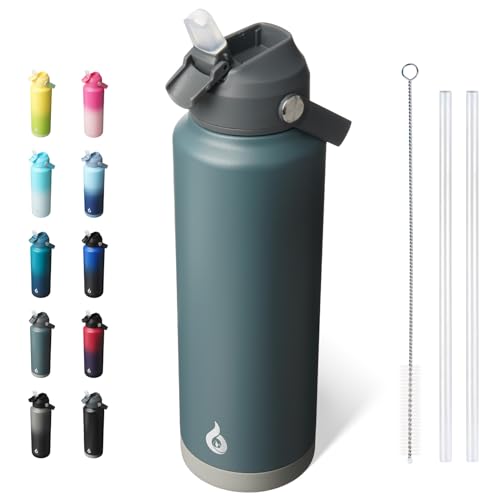 Image of BJPKPK Insulated Water Bottle with Straw Lid, 40oz Large Thermo, BPA Free Leak Proof Stainless Steel Metal Water Bottles, Tumblers, Cups, Flasks for Travel, Sports, Grey
