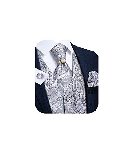 Mens Tuxedo Suit Vest Formal Silver Waistcoat Vest with Necktie Pocket Square Cufflinks Tie Ring S-3XL