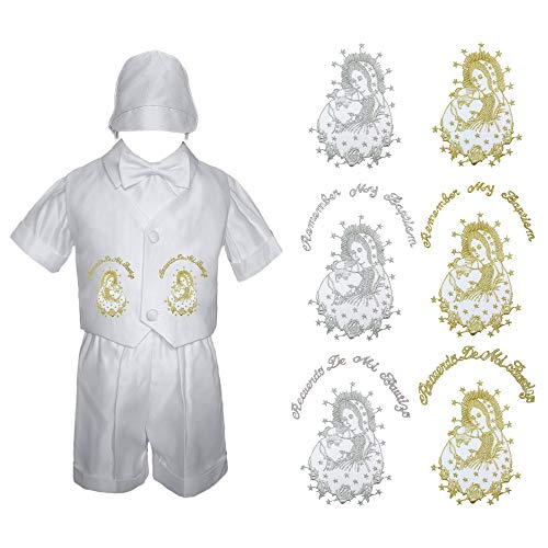 MILLTEX 4 PC Baby Boys Christening Baptism Communion Shorts Set Gold or Sliver Embroidery Mary & Pope SM-4T (XL (18-24 Months Old), Gold Mary & Pope - English)