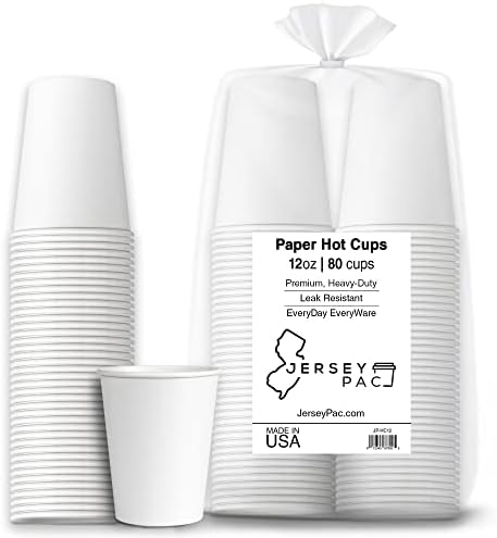 JerseyPac Disposable Paper Hot Cups (80-Count) Hot Coffee, Tea, Cocoa Party Use – Thick, Heavy-Duty, Leak-Resistant Drinkware – Recyclable, Eco-Friendly – White (12 Oz.)