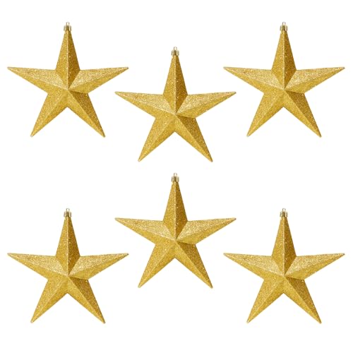 Image of Shatterproof Christmas Stars 6 Pack 100mm Premier Christmas Tree Decoration, glitter Star Baubles (Gold 5993)