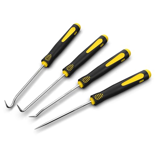 FJCTER Precision Hook and Pick Set, 4-Piece Automotive O Ring Pick Set, Mechanic Pick Tools with Ergonomic Handle, Knurled Shaft for Automotive, Electronics, Gunsmith Tools