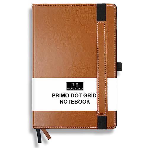 RICCO BELLO Primo Dotted Grid Journal Notebook, Faux Leather, Pen Holder, Numbered Pages, Index, Thick Paper, Ribbon Bookmarks, Expandable Storage Pocket 5.7 x 8.4 Inches (Brown)