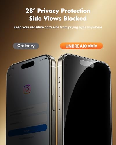 Image of UNBREAKcable Privacy Screen Protector for iPhone 16 Pro Max, Anti-Spy Shatterproof Tempered Glass [True 28Anti Spy] [9H Hardness] [Easy Installation Frame] Black Protector for iPhone 6.9 inch - 2 Pack