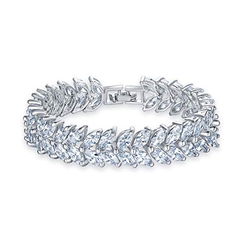 EVER FAITH Silver-Tone Full Cubic Zirconia Prong Shining Leaves Wedding Bracelet Clear