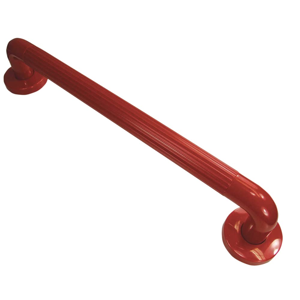 Red Ribbed UPVC Plastic Grab Bar - 300mm Length - 32mm Tube - Reinforced Fixings - Cover Caps - Bathroom Wall Mounted Handrail