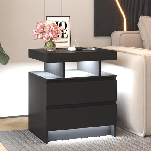 dnbss Nightstand with Charging Station and LED Light, Modern Night Stand with 2 Drawers, Smart Nightstand with USB Ports and Wireless Charger, Bedside Table for Bedroom (Black)