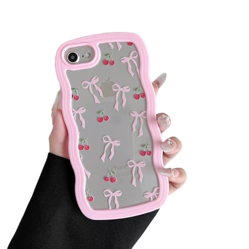 ZTOFERA for iPhone 7/8/SE Case 4.7 inch,Cute Curly Wave Frame Shape Case with Cherry Ribbon Bow Pattern, Clear Slim Shockproof Hard PC Bumper Phone Cover for Women Girls, Peach Pink