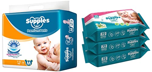 Image of Supples Baby Pants Diapers, Medium, 72 Count with Wet Wipes (Pack of 3)