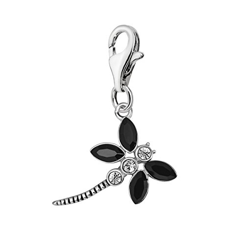 Image of Quiges 925 Sterling Silver Black Cubic Zirconia Abstract Dragonfly Lobster Clasp Charm Clip on Pendant