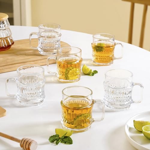Image of Nestasia Transparent Glass Tea Cups Set of 6 (165ml Each) - Dishwasher Safe & 100% Food Safe Coffee Cups with Handle for Coffee, Tea, Hot & Cold Beverages | Elegant Ribbed Design