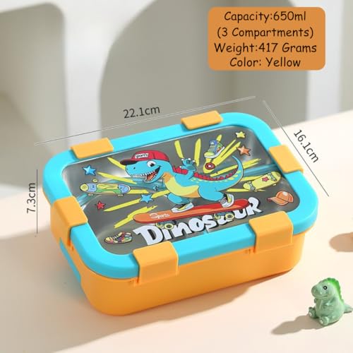 Image of Kids Lunch Box with 3 Divided Compartments | 650ml Dinosaur Stainless Steel Bento Box for School | BPA-Free Plastic Tiffin Box with Locking Clips (Yellow)