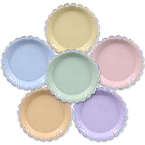 Image of Party Paper Plates, 50-Pack 9-Inch Bulk Disposable Decorative Plates with Iridescent Scalloped Trim, 6 Pastel Colors for Tea Party, Easter, Garden Party, and Bridal Showers, Opalescent Pastel Medley