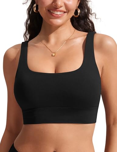 CRZ YOGA Womens Bikini Tops Scoop Neck Bathing Suit Supportive Modest Swimsuit Wide Straps Sports Bra Padded