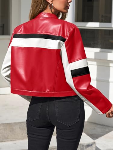 Tankaneo Womens Cropped Moto Biker Jackets Faux Leather Bomber Jacket Color Block Vintage Racing Coats - Thumbnail 4