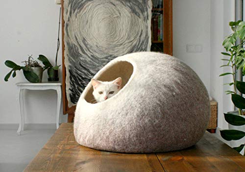 Beige Tan Felt Cat Bed, High Quality Felt Cat Cave, Dog Cocoon House, Pet Furniture - Hand Felt Wool, Felted Wool Bubble - Minimal Modern Design