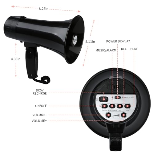 UZOCHI 20 Watt Rechargeable Megaphone Bullhorn Speaker, Siren and 240s Recording, Portable Mega Phone with Power Display and Strap (Black) - Thumbnail 2
