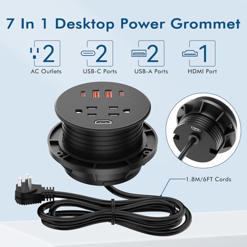 Desk Power Grommet with 35W USB C Fast Charging, 3 Inch Desktop Recessed Outlet with 4 USB Ports, HDMI Ports, Flush Mount Outlets Desk Charging Station for Conference Rooms, Office Tables, Furniture by BTU - Image 9