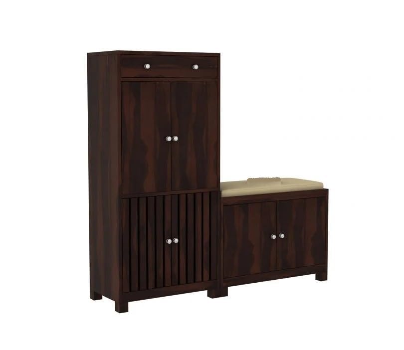 Image of VK Furniture Solid Sheesham Wood Shoe Rack with 1 Drawer & 3 Door Cabinet Storage | Wooden Large Size Shoe Cabinet with Cushion Seating for Home (Walnut Finish)