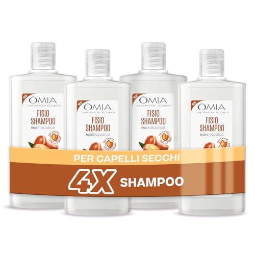 Omia, Fisio Shampoo Eco Bio con Olio di Argan del Marocco per Capelli Secchi, Nutriente e Ristrutturante, Senza Siliconi e SLES, 4 Flaconi da 200 ml