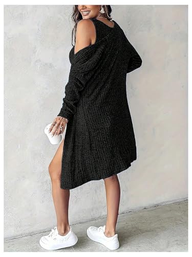 Floerns Women's Casual 2 Piece Outfits Henley Ribbed Knit Tank Bodycon Mini Dress Lightweight Cardigan Sweater Shrugs3