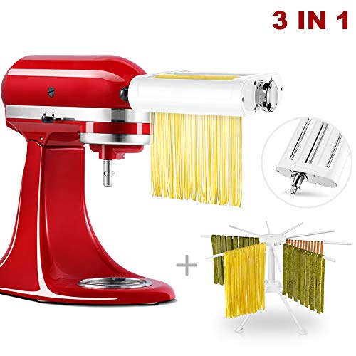 3 in 1 PASTA Maker Attachment For KitchenAid Stand Mixers, Included PASTA Sheet Roller, Spaghetti Cutter, Fettuccine Cutter Maker Accessories And Cleaning Brush & Pasta Drying Rack