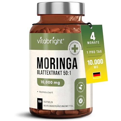 Moringa Kapseln Hochdosiert 10.000 mg | 50:1 Moringa Extrakt 1 Kapsel täglich | 120 Kapseln 4 Monate Vorrat | Laborgeprüft | Ohne Zusatzstoffe | VitaBright