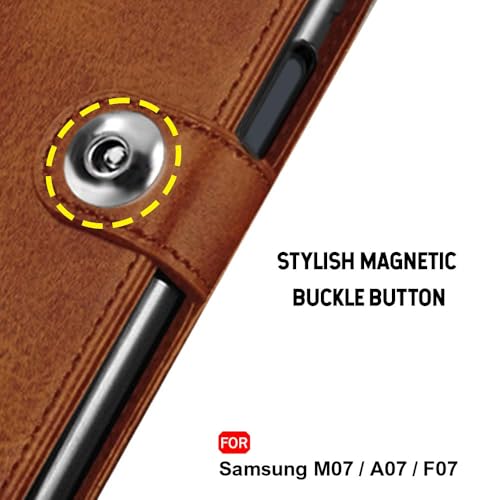 Image of TheGiftKart Flip Cover Back Case for Samsung Galaxy M07 / F07 | Genuine Leather Finish | Designer Button | Inbuilt Pockets & Stand | Wallet Style Flip Back Cover Case (Faux Leather, Brown)