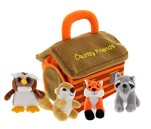 Image of Plush Woodland Animals with Country House Carrier for Kids- 5pc- Talking Animal Interactive Toy Set- Stuffed Owl, Raccoon, Fox & Squirrel- Great Baby Shower Present for Boys & Girls by Etna