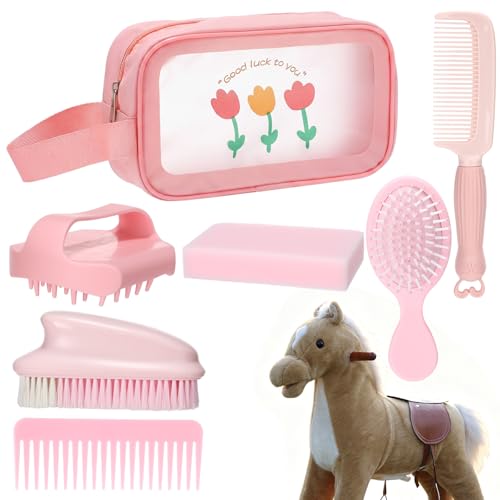 Singhoow 7 Pcs Hobby Horse Grooming Kit Pony Accessories Care Set with Storage Bag Brushes Combs & High-Density Sponge for Plush & Long Mane Care - Pink Nordic Style