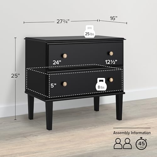 Image of Prepac Lux Nightstand Bedside Table, Black Nightstand for Bedroom, End Table with 2 Drawers 16 inch D x 27.75 inch W x 25 inch H, BDNR-2302-1
